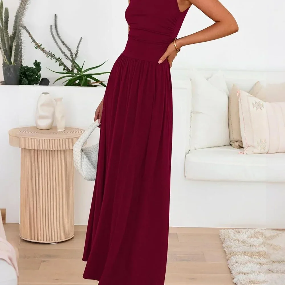 Summer Maxi Dress Women Casual Sleeveless Ruched High Waist Flowy Beach Dress - Picture 8 of 8